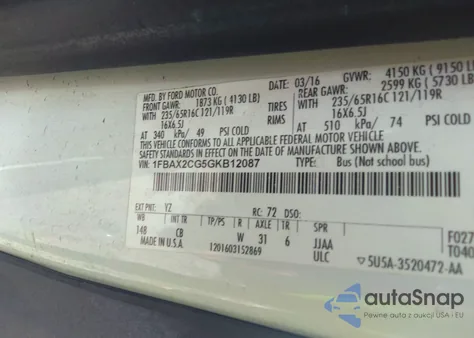 2016 Ford Transit-350 Xlt из США, поврежденный, VIN 1FBAX2CG5GKB12087